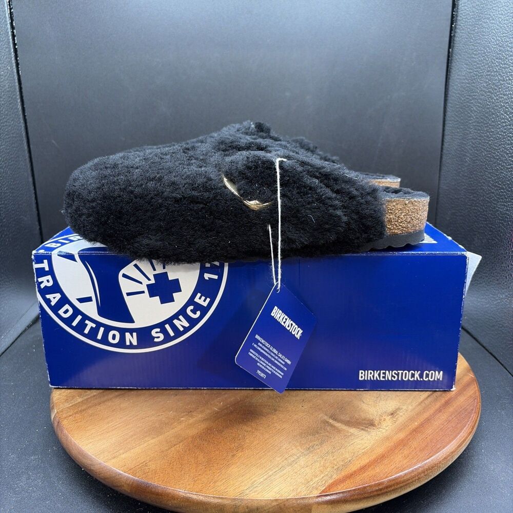 Birkenstock Boston Big Buckle Teddy Rivet Womens Size 7 Narrow Clog Black Gold B